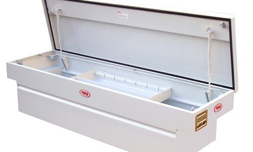 This aluminum side boxes from RKI includes a small parts tray.