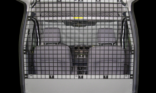 Wire partitions are popular for smaller vans. This Adrian Steel bulkhead fits the Ford Transit Connect.