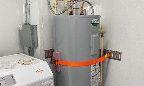 Water heater in container laundry facility.