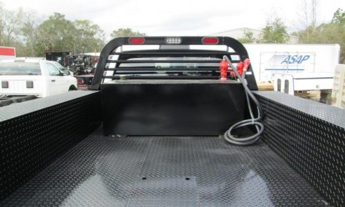 Fuel transfer tank on 11-foot flatbed.